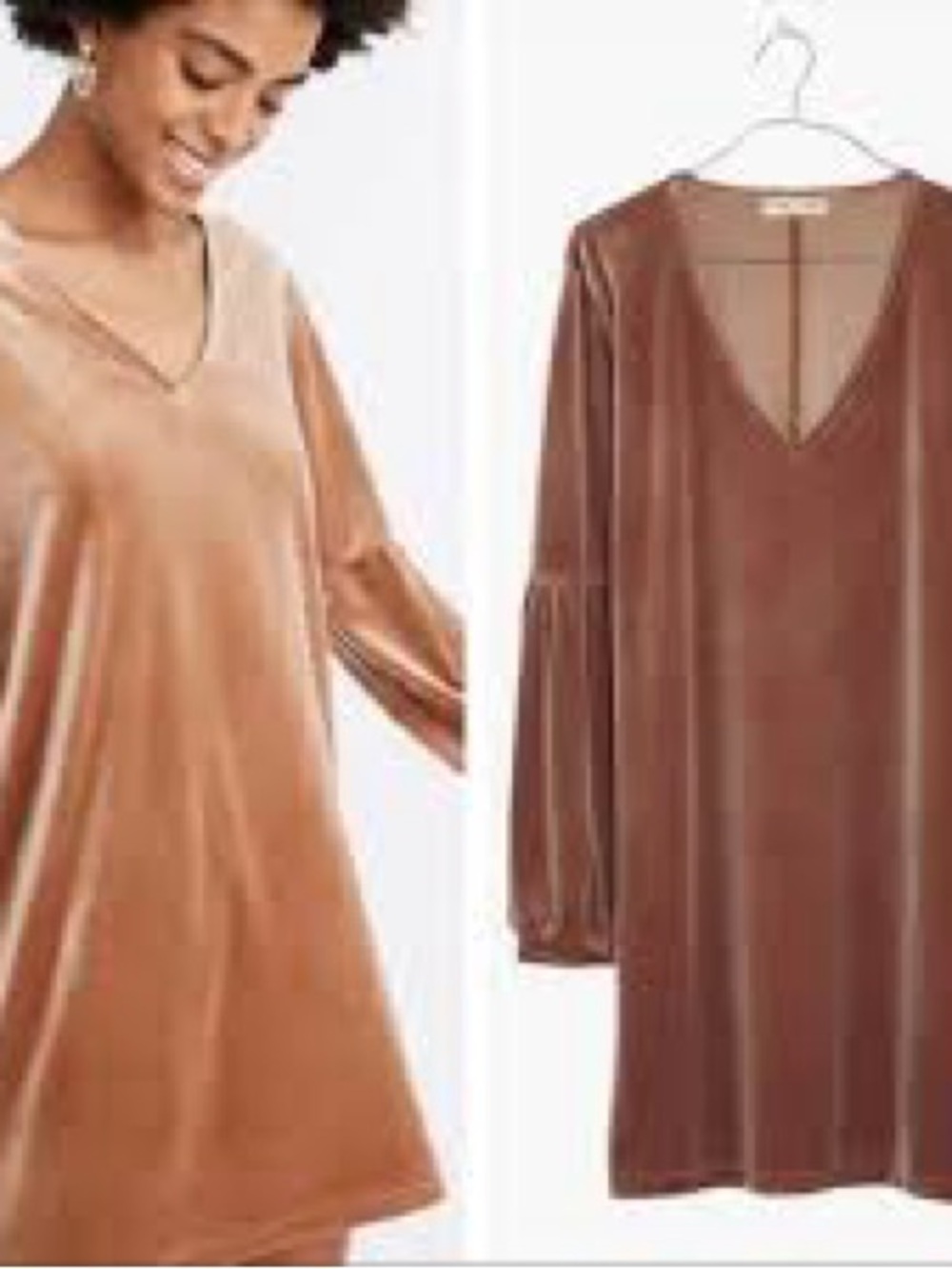 Madewell Velvet V-Neck Shift Dress Tan Long Sleeve Mini Dress Size M